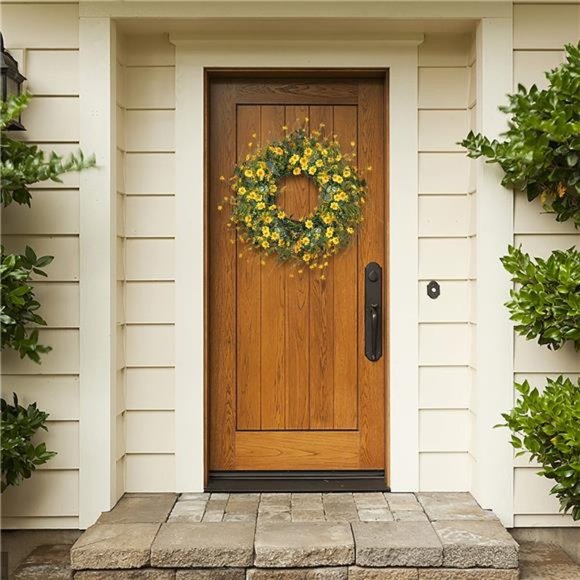 Yellow Daisy Wreath 24 Inch Spring Summer Fake Silk Floral with Green Eucalyptus - Picture 6 of 7